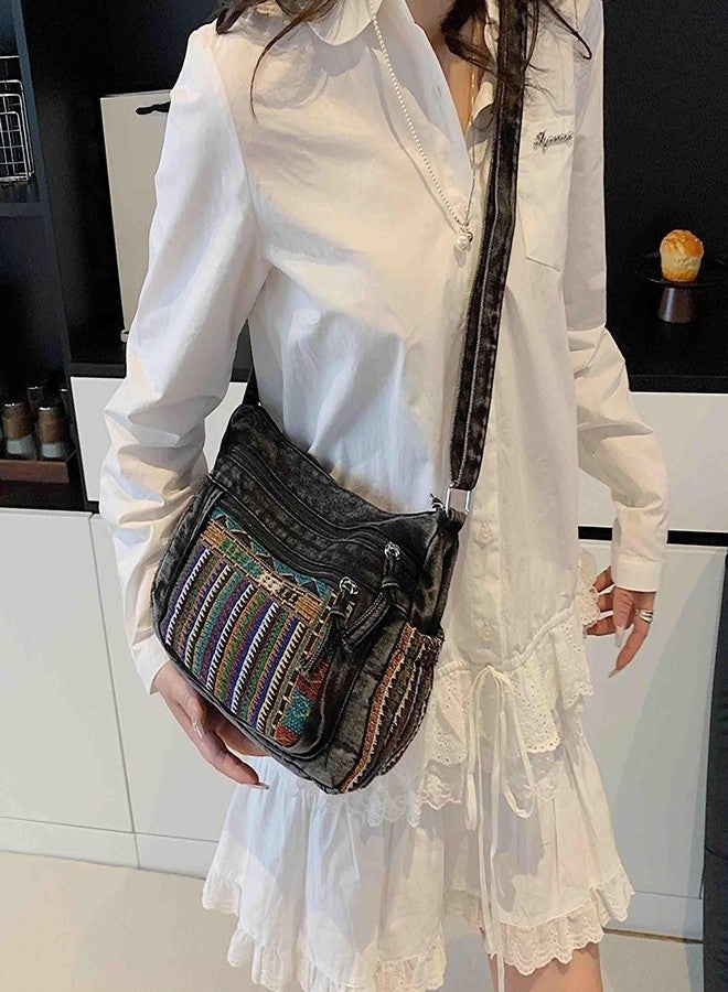Winatehr crossbody bags denim purse for women, pocketbooks boho travel jean everyday purse for ladies vintage, black medium canvas crossbody side bag, bohemian casual fashion hippie accessories - Image 2